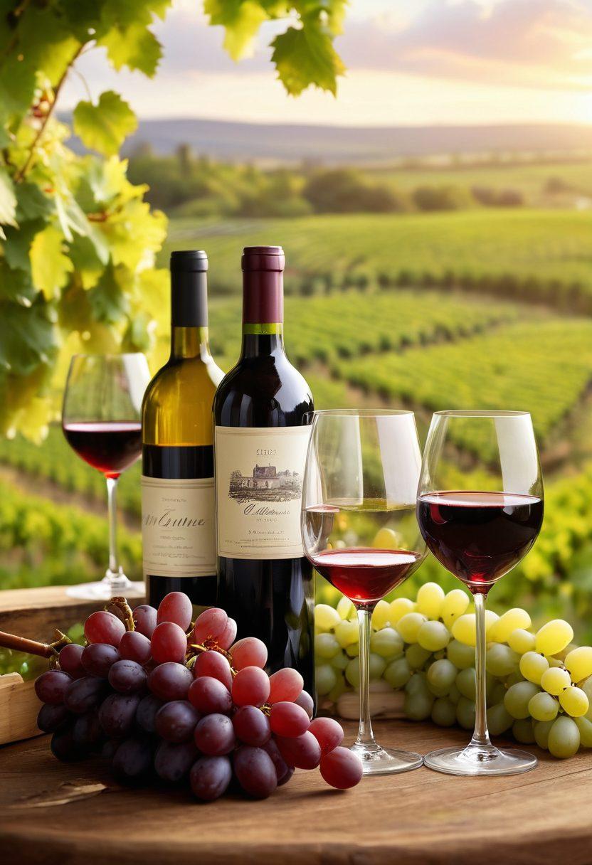 A beautifully arranged table featuring an assortment of wine bottles, elegant wine glasses filled with rich red and white wines, and a cluster of fresh grapes. In the background, hints of rolling vineyards and a soft sunset sky to create a serene ambiance. Include a corkscrew and wine tasting notes subtly placed to add a personal touch. super-realistic. warm colors. soft focus.