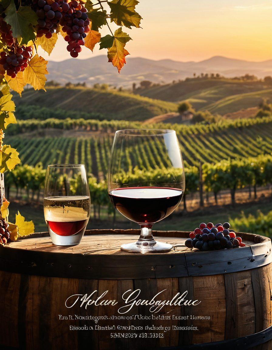 An elegant vineyard landscape at sunset, showcasing lush grapevines, a rustic wooden barrel, and a glass of red wine with a subtle reflection of the sun. The background features rolling hills and a soft, golden glow while a handwritten style title overlays the image, emphasizing sophistication. romantic, picturesque, warm colors, super-realistic.
