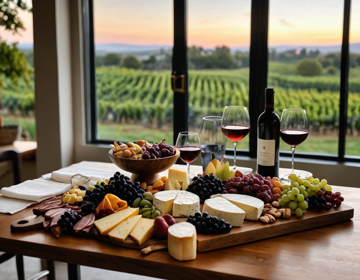 A sophisticated setting featuring a beautifully arranged wine tasting table with an array of elegant wine glasses, various bottles of wine, and a rich wooden charcuterie board adorned with cheeses and fruits. Soft candlelight creates a warm ambiance, while a blurred vineyard landscape is visible through a large window in the background, emphasizing the art of wine appreciation. super-realistic. vibrant colors. soft glow.